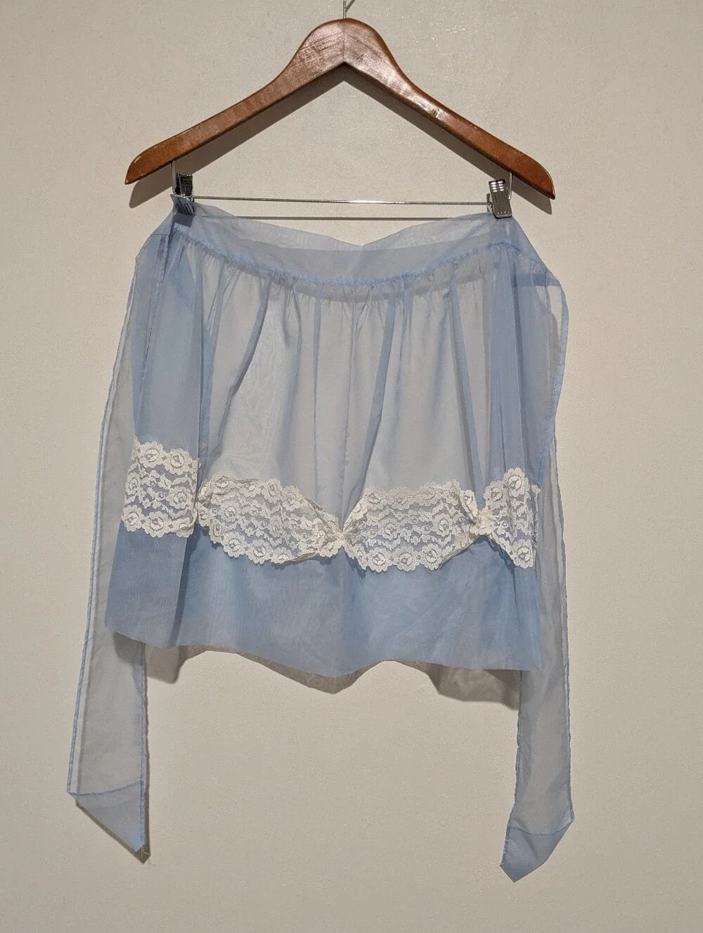 Vintage 50s Blue Semi Sheer Half Apron Lace Trim Wide Ties